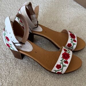 Vintage Red Floral Embroidered White Sandals